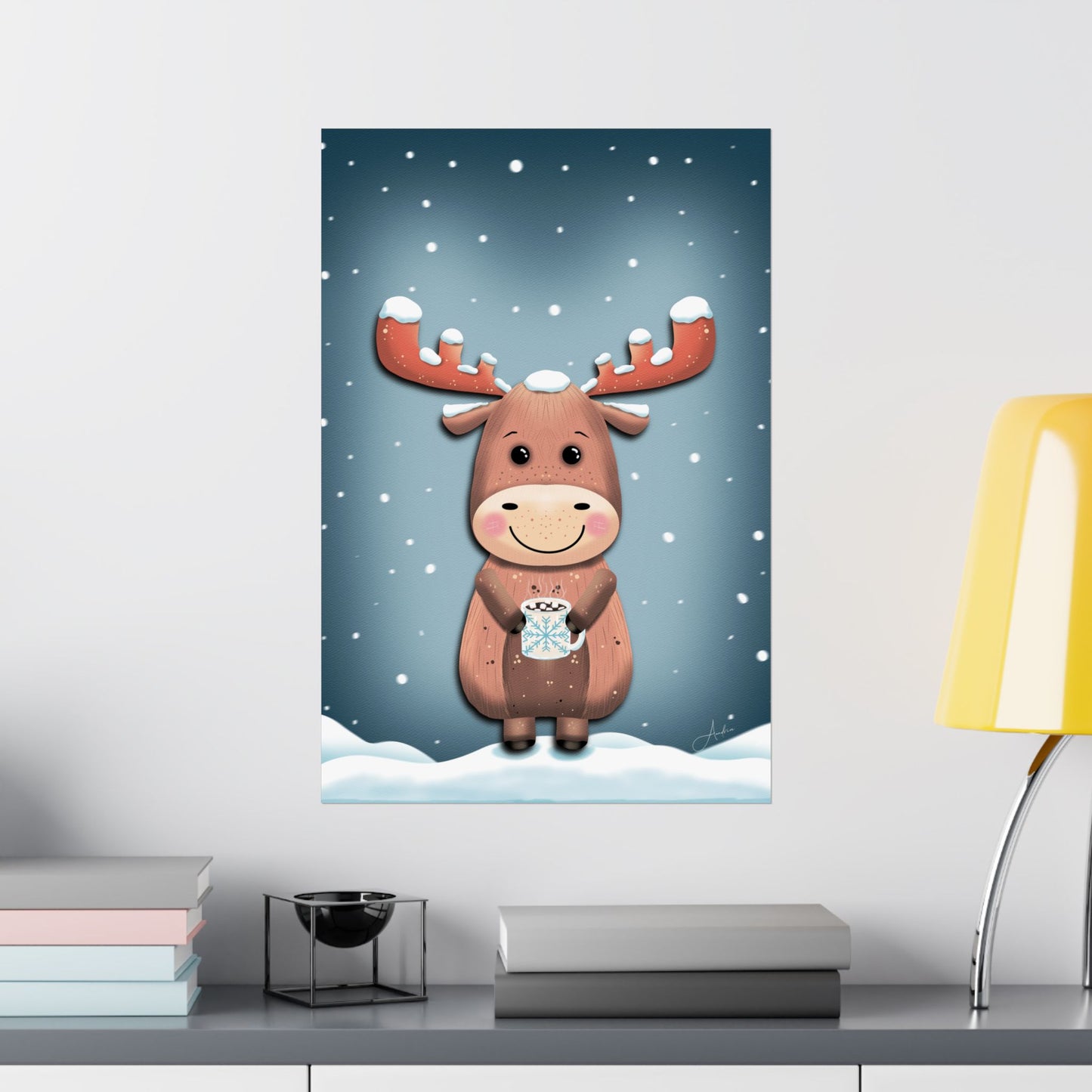 Moose Poster, Rustic Home Decor, Winter Wall Art, Frosty Sips Print, Christmas Gift, Animal Art Print, Wildlife Art, Vertical Poster