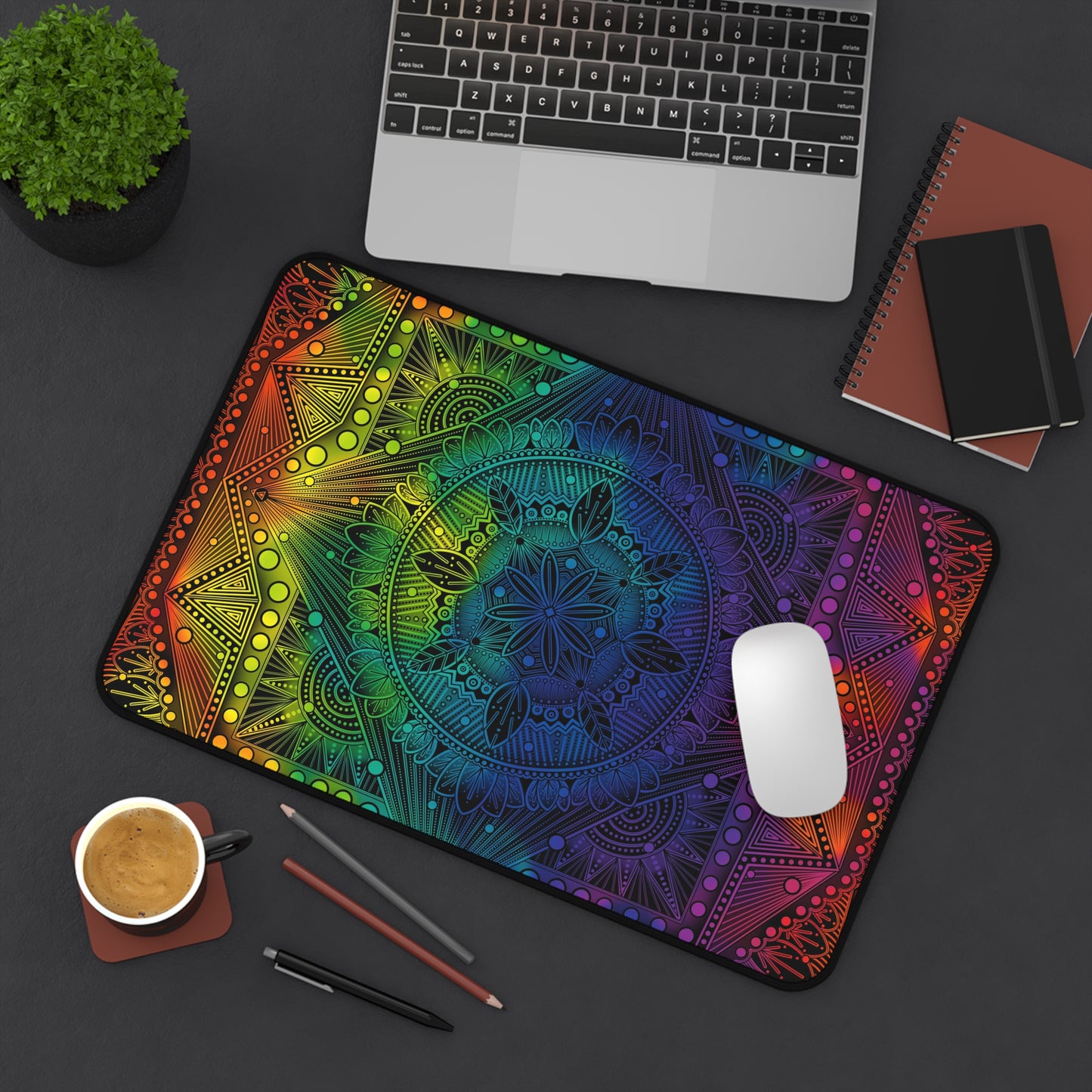 Desk Mat, Rainbow Holographic Mandala Design by Anndria, Unique Custom Work, Table Protector, Desk Pad, Office Decor, Mouse Pad