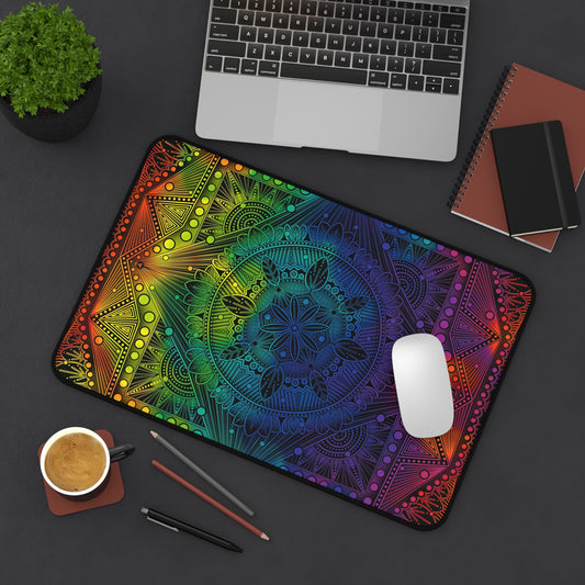 Desk Mat, Rainbow Holographic Mandala Design by Anndria, Unique Custom Work, Table Protector, Desk Pad, Office Decor, Mouse Pad