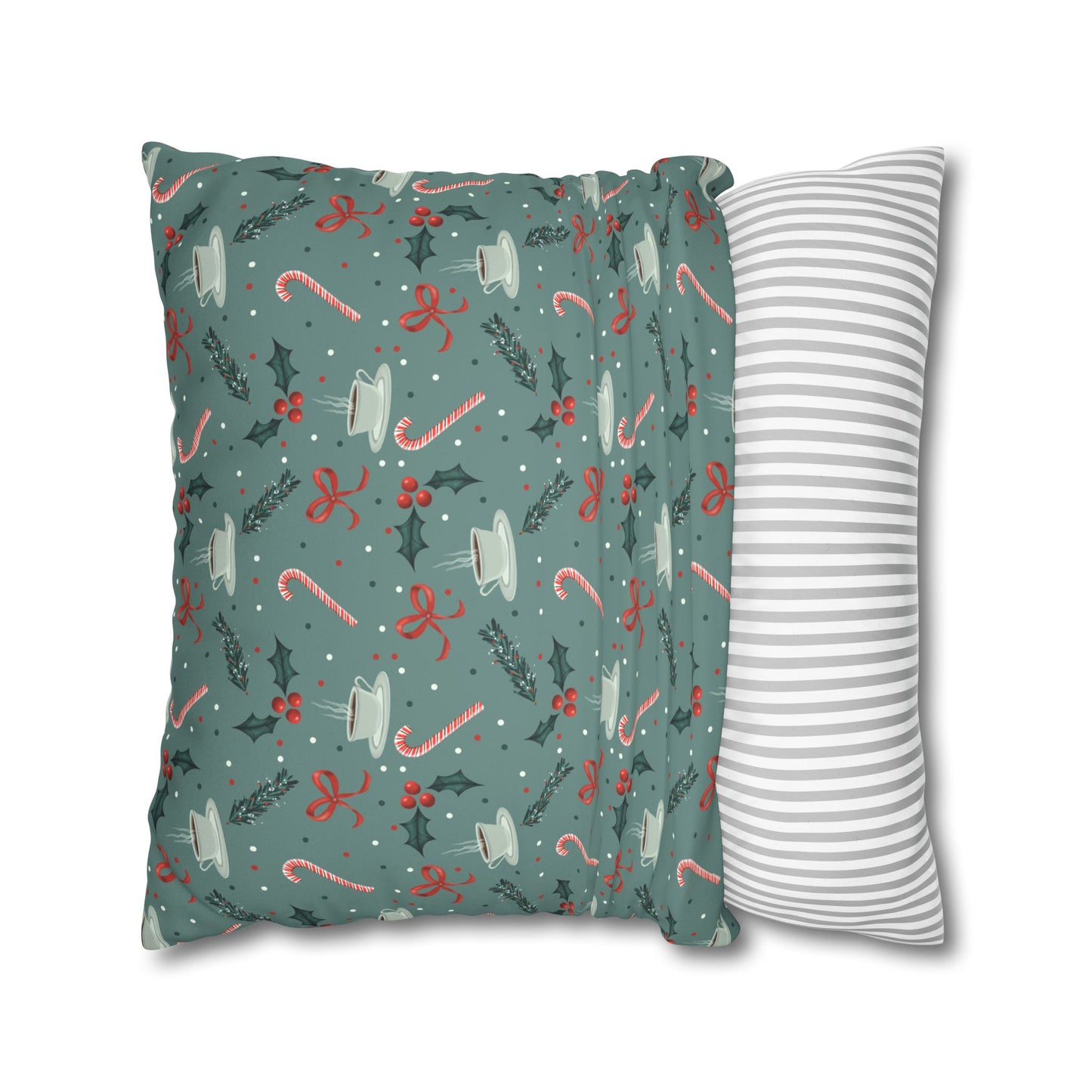 Throw Pillow Christmas Candy Canes Pine Sprigs Coffee Holly Bows Faux Suede - Cool Green