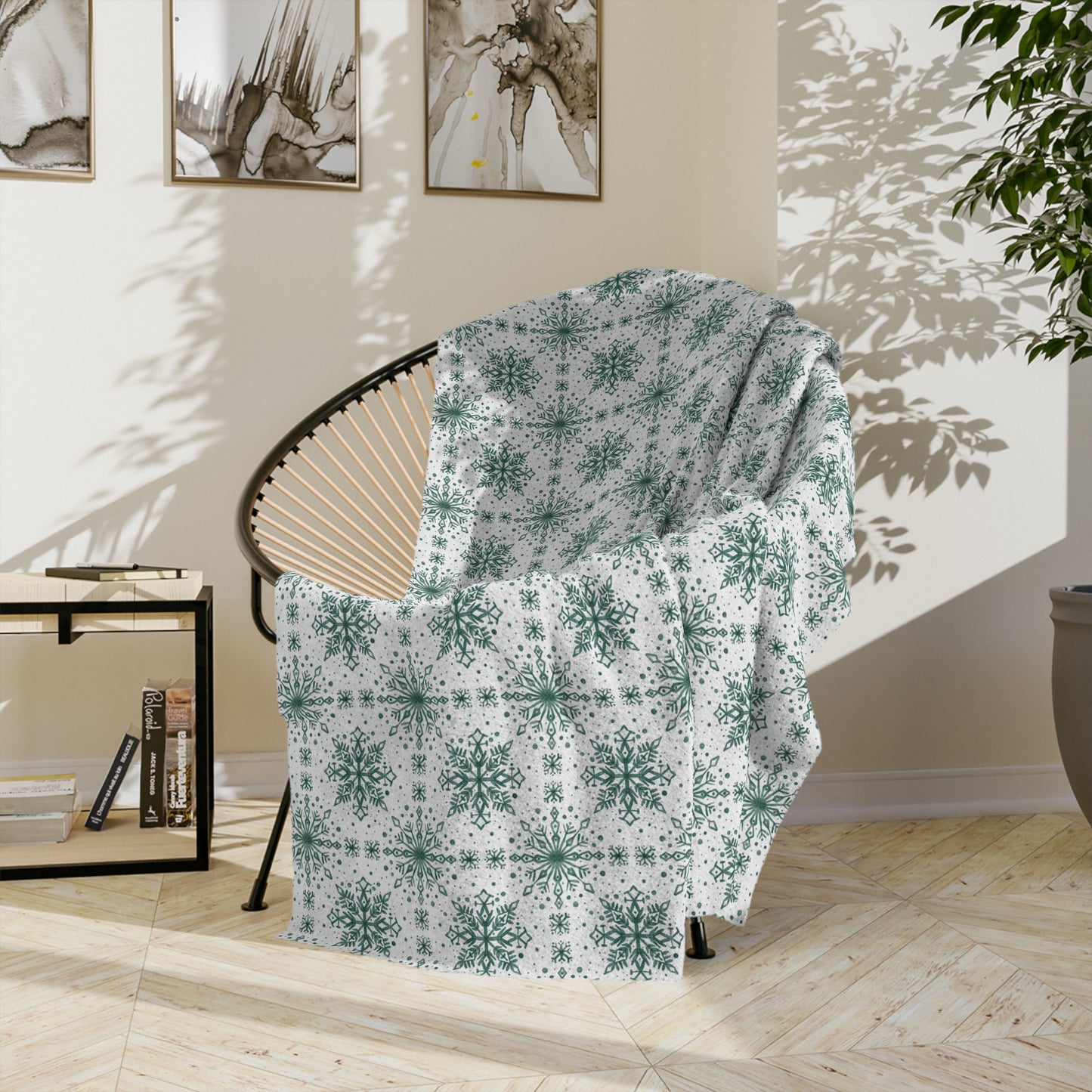 Velveteen Microfiber Blanket - Watercolor Snowflake Design by Anndria - Green and White