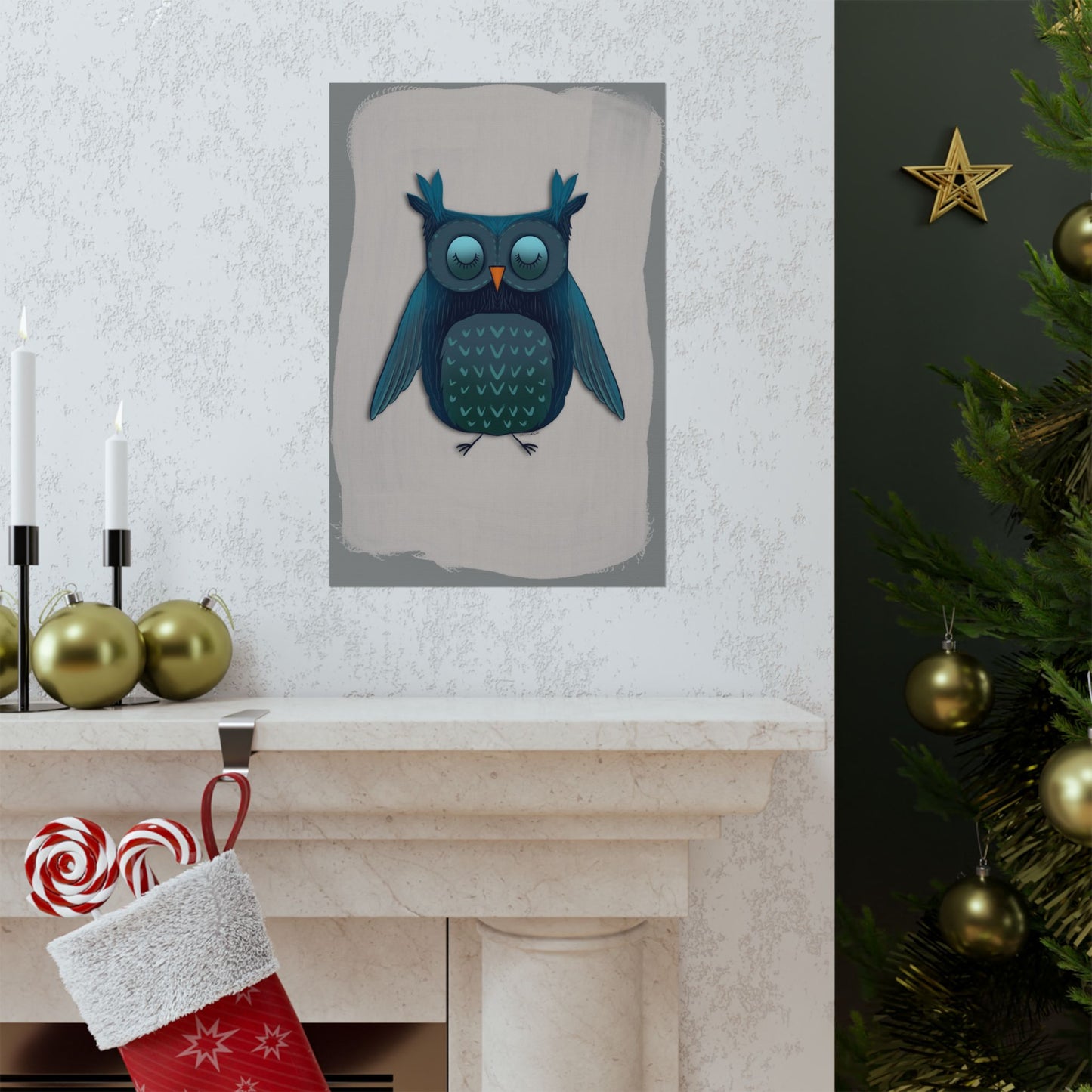 Vertical Poster, Blue Owl Art Print, Matte Finish Wall Decor, Anndria Design, Bird Lover Gift, Nature Theme Decoration