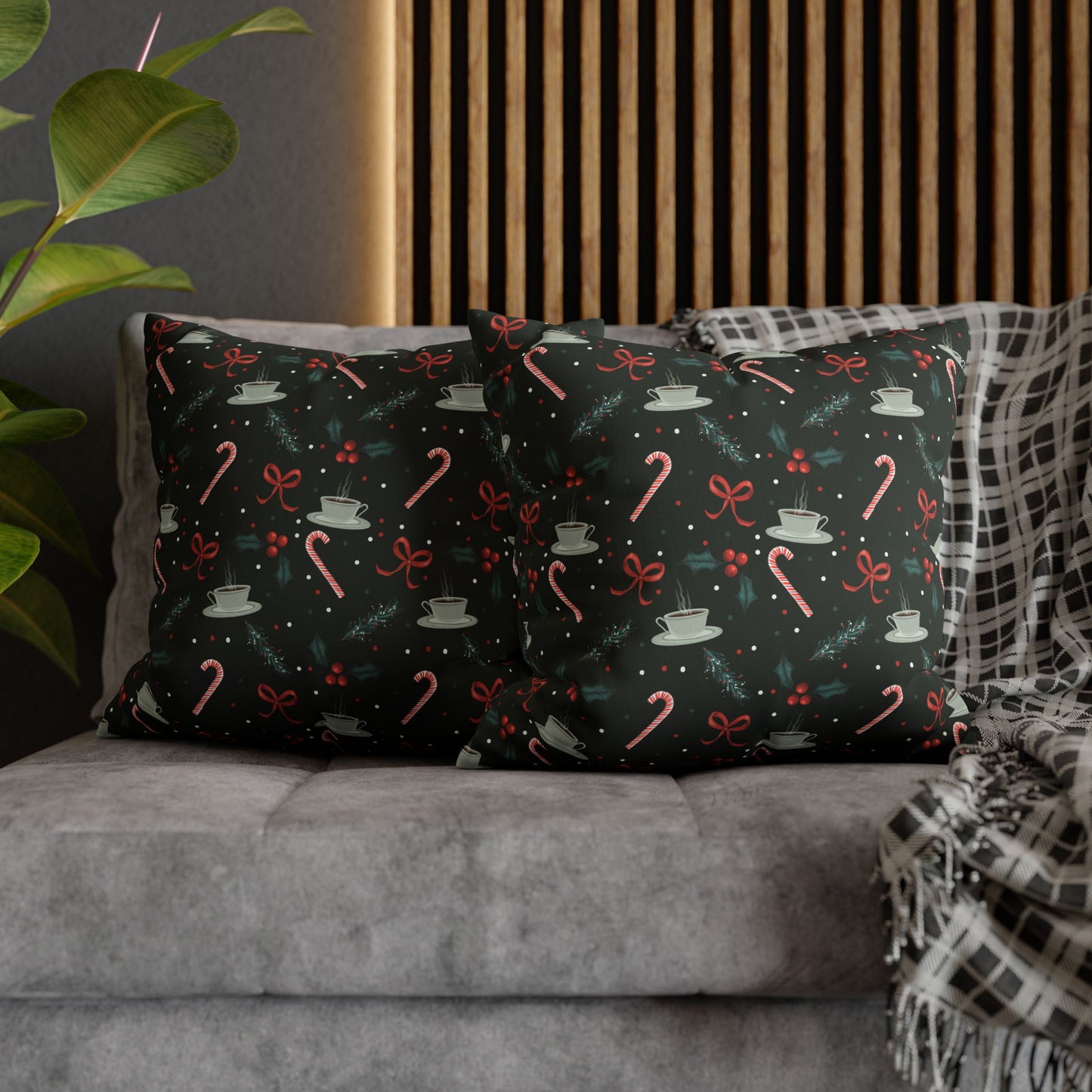 Throw Pillow Christmas Candy Canes Pine Sprigs Coffee Holly Bows Faux Suede - Dark Green