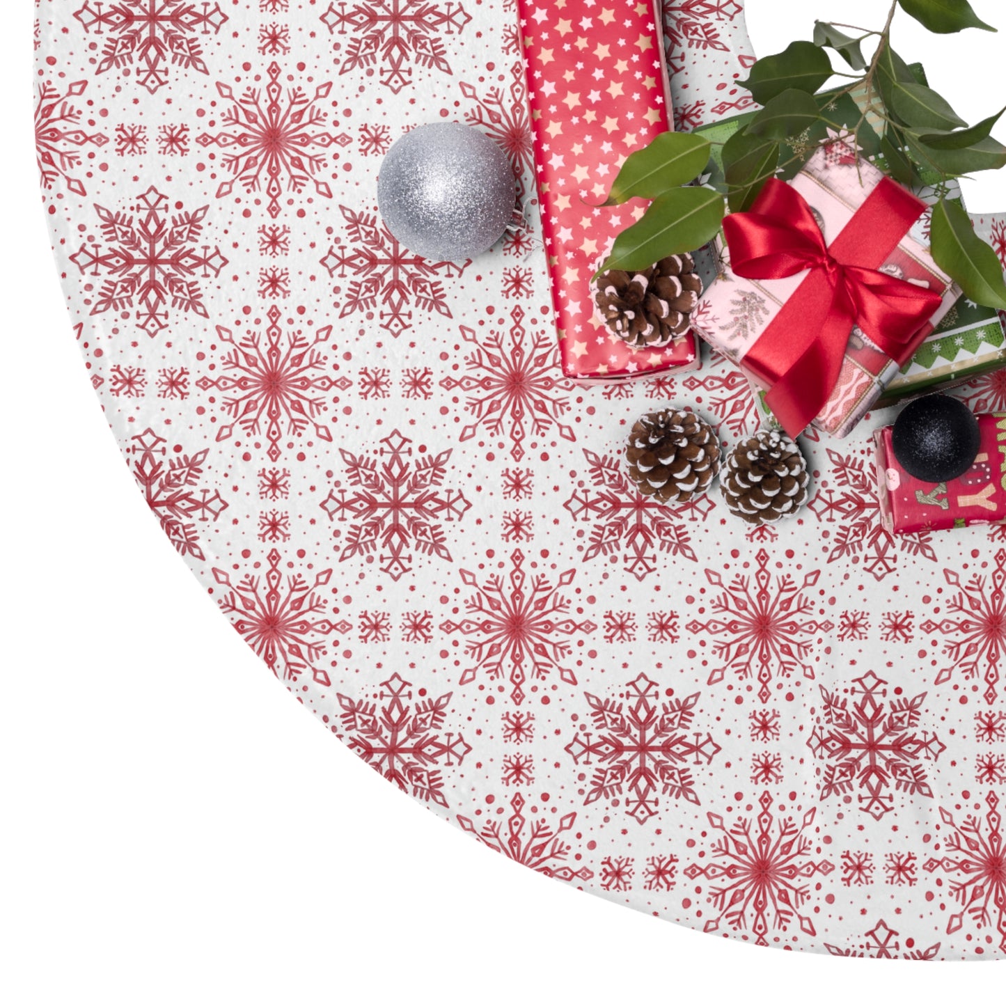 Tree Skirt - Watercolor Snowflake design by Anndria - Red and White