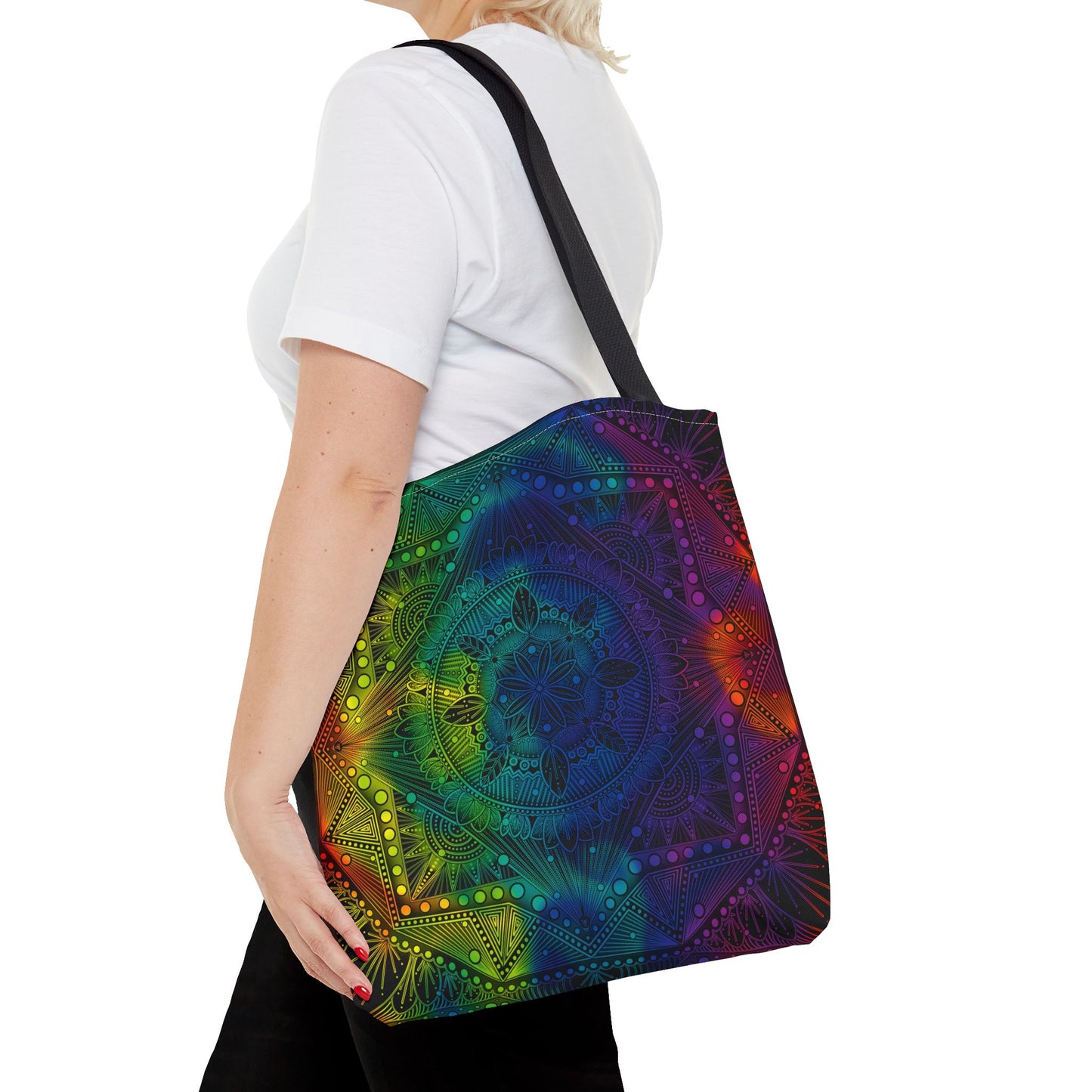 Holographic Mandala Tote Bag - Rainbow Custom Design by Anndria, Unique Shoulder Handbag for Women, Colorful Beach Carryall, Boho Shopping