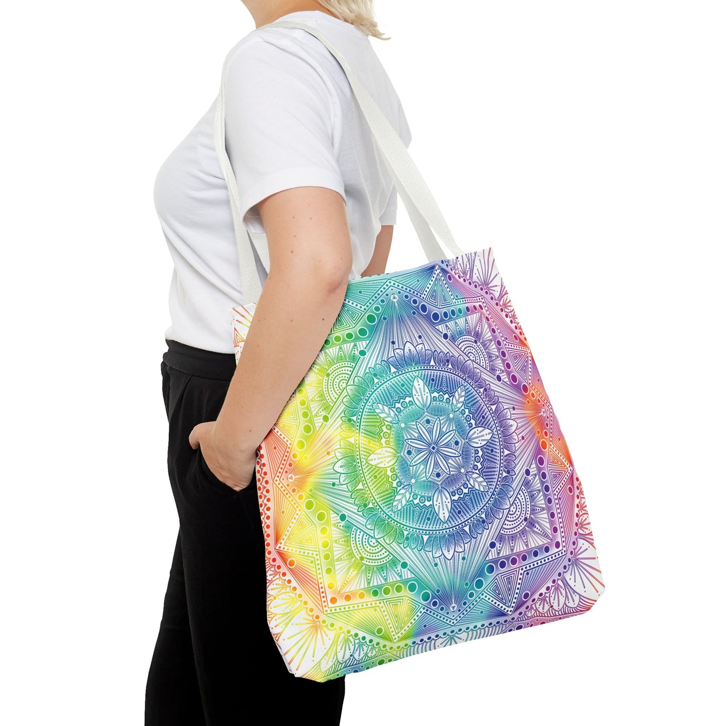 Holographic Mandala Tote Bag - Rainbow Custom Design by Anndria, Unique Shoulder Handbag for Women, Colorful Beach Carryall, Boho Shopping