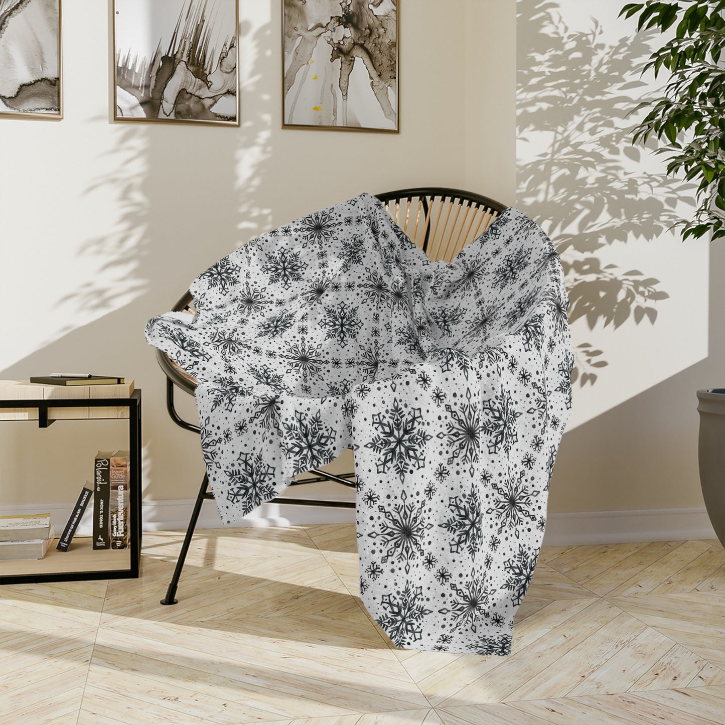 Velveteen Microfiber Blanket - Watercolor Snowflake Design by Anndria - Black and White
