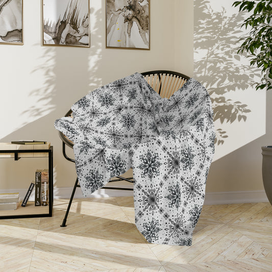 Velveteen Microfiber Blanket - Watercolor Snowflake Design by Anndria - Black and White