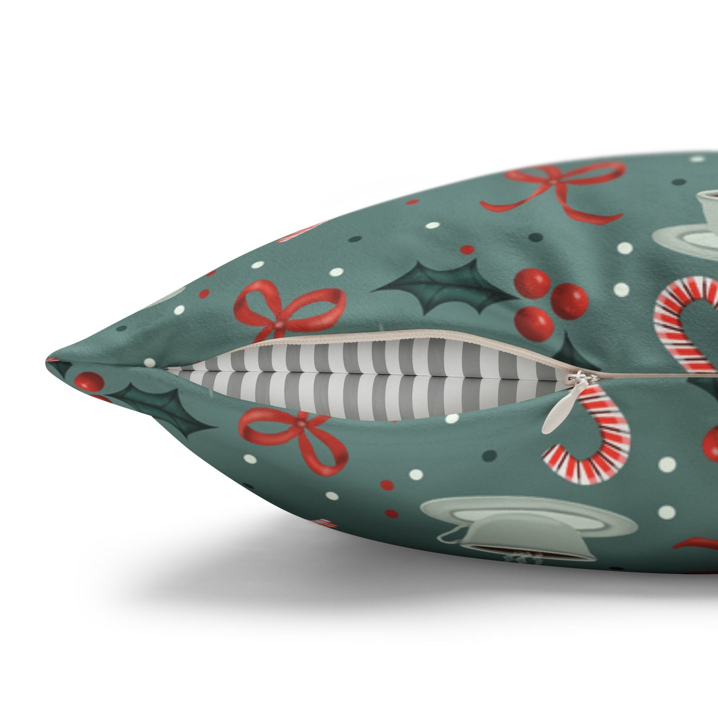 Throw Pillow Christmas Candy Canes Pine Sprigs Coffee Holly Bows Faux Suede - Cool Green