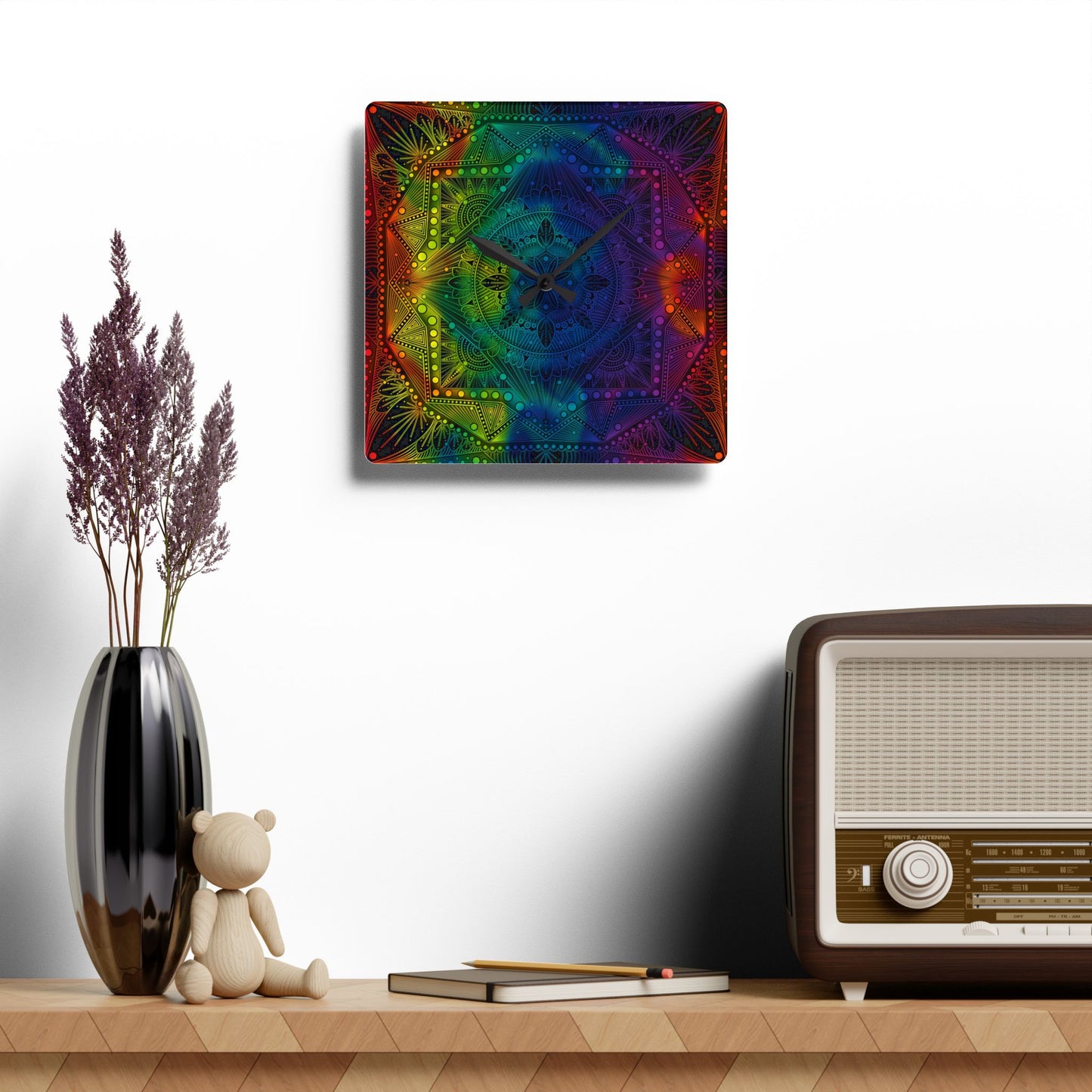 Mandala Wall Clock, Rainbow Holographic Acrylic Clock, Psychedelic Art, Colorful Home Decor, Unique Gift Idea, Anndria Design