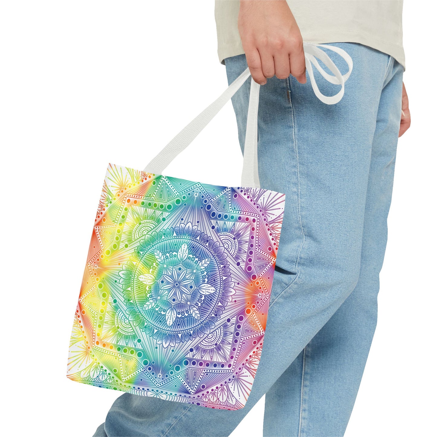 Holographic Mandala Tote Bag - Rainbow Custom Design by Anndria, Unique Shoulder Handbag for Women, Colorful Beach Carryall, Boho Shopping