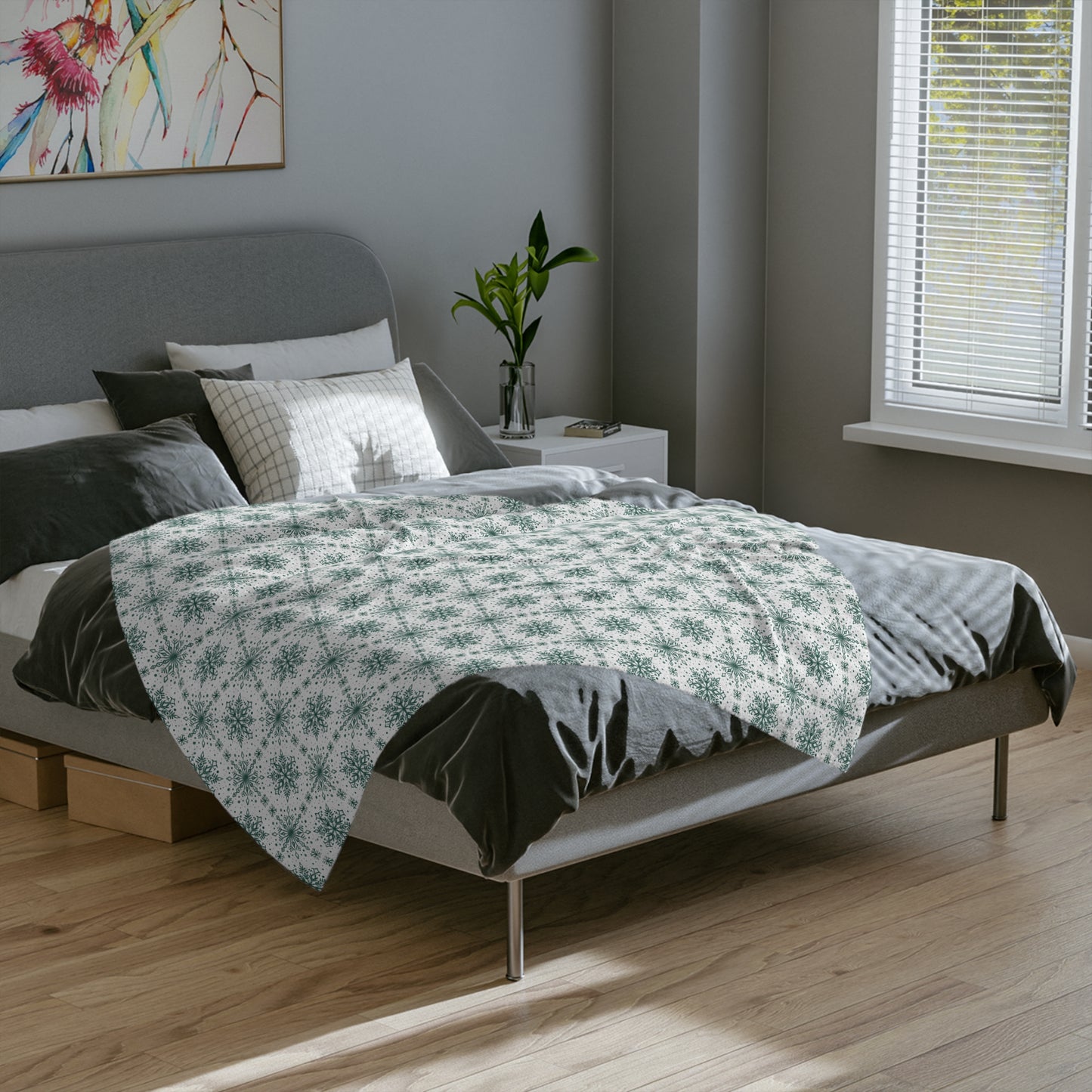 Velveteen Microfiber Blanket - Watercolor Snowflake Design by Anndria - Green and White
