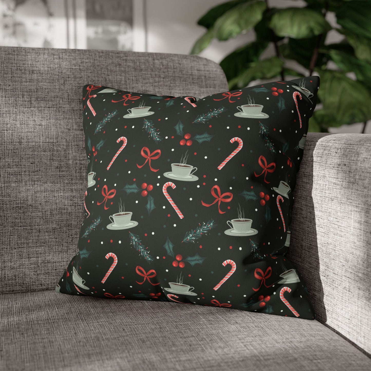 Throw Pillow Christmas Candy Canes Pine Sprigs Coffee Holly Bows Faux Suede - Dark Green