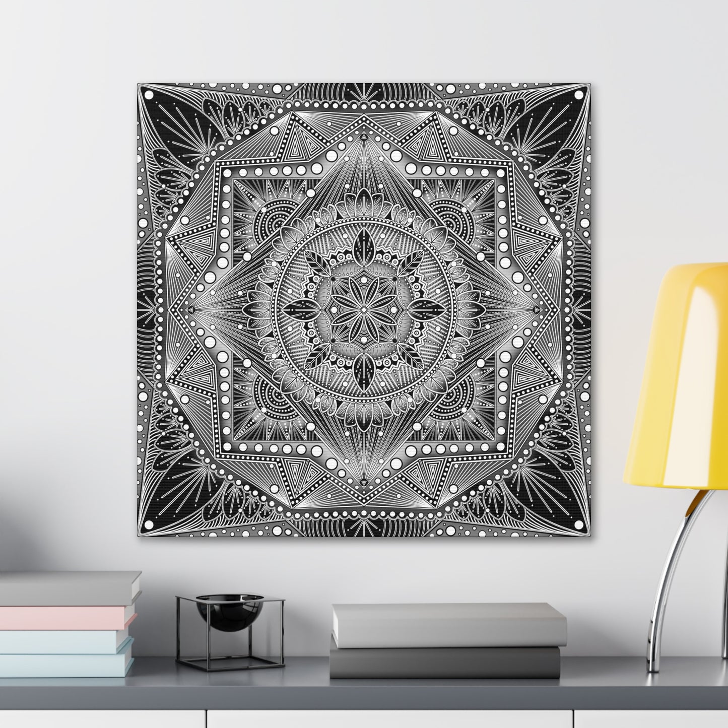 Square Canvas Print, Black and White Mandala Artwork by Anndria, Gallery Wall Decor, Minimalist Home Decoration, Zen Meditation Gift,