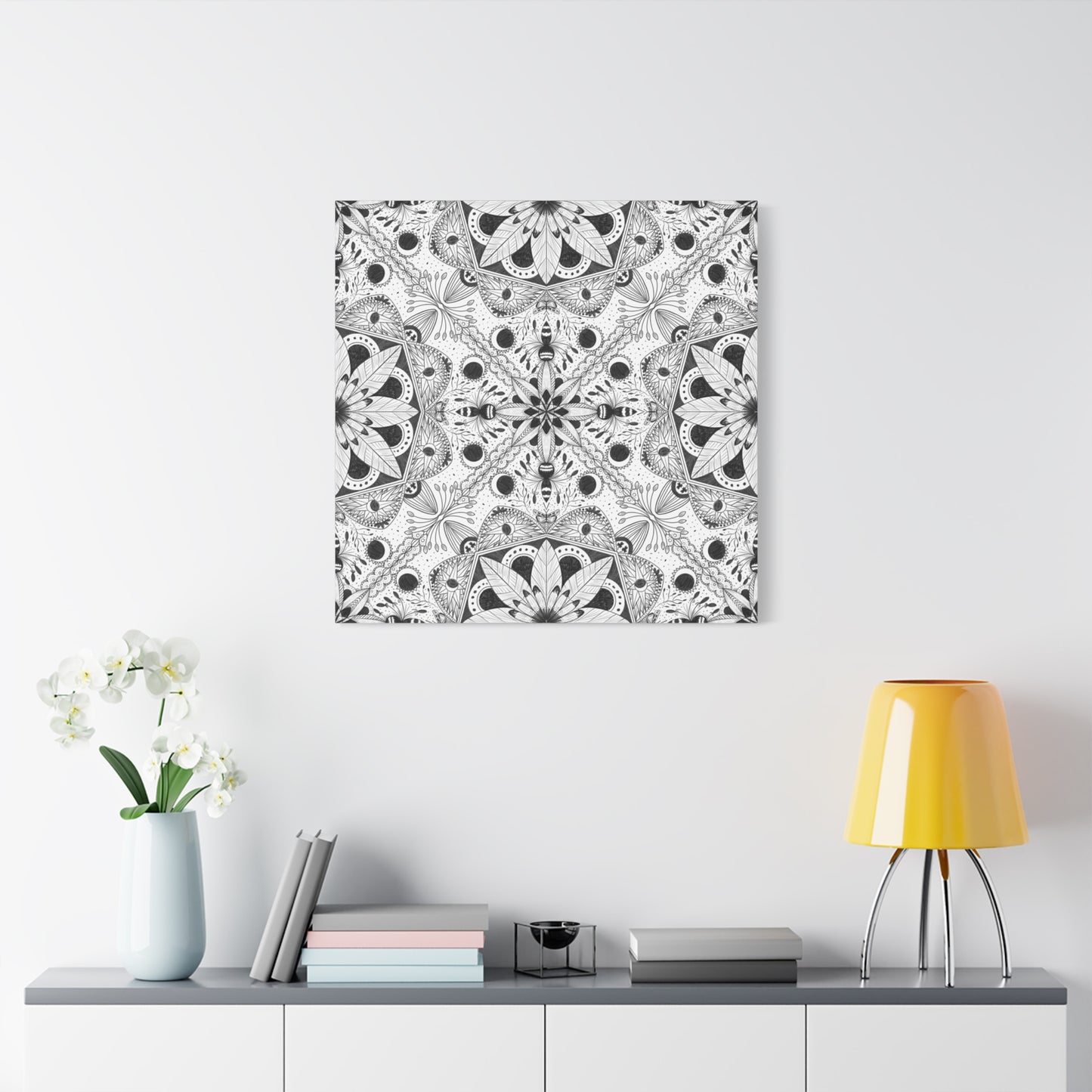 Black and White Floral Pattern Canvas Wall Art - Witchy Moth and Moons
