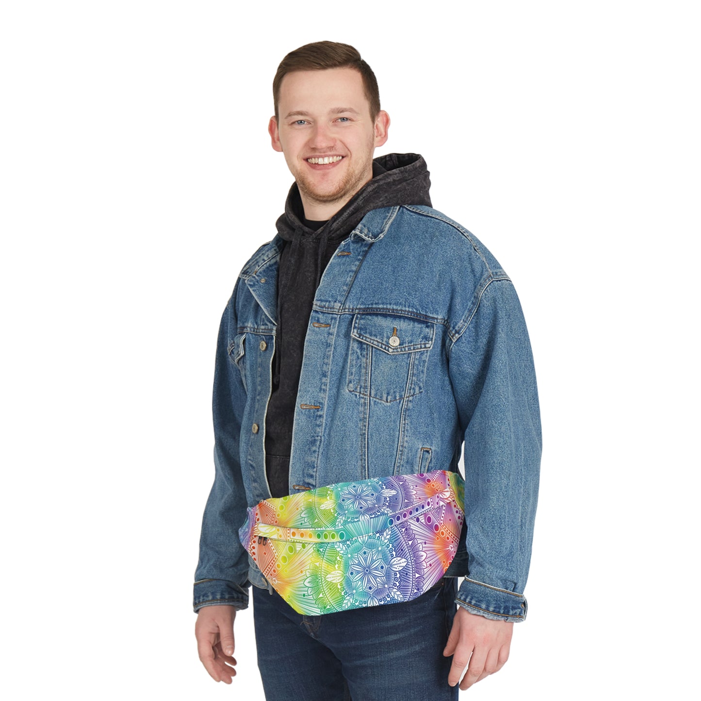 Holographic Fanny Pack, Rainbow Mandala Waist Bag, Festival Accessory, Unique Design Hip Bag, Fashion Statement Belt Bag