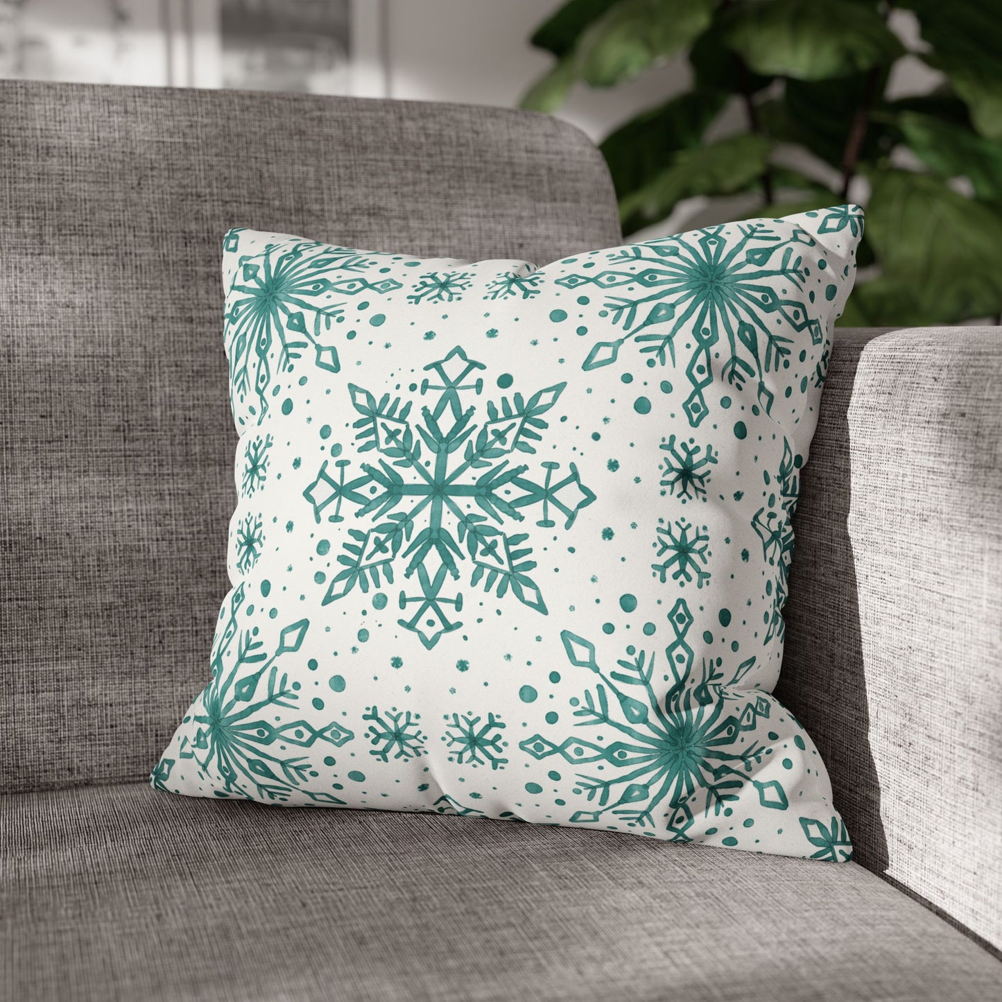 Pillowcase Watercolor Snowflake Design - Teal and White