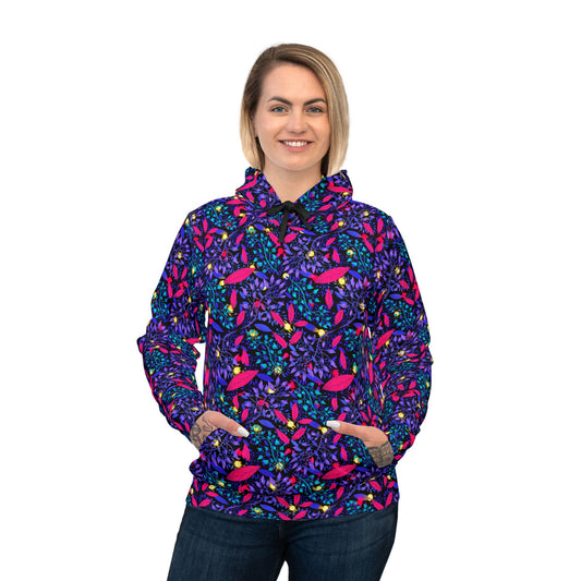 Neon Night Athletic Hoodie with Botanical Pattern by Anndria