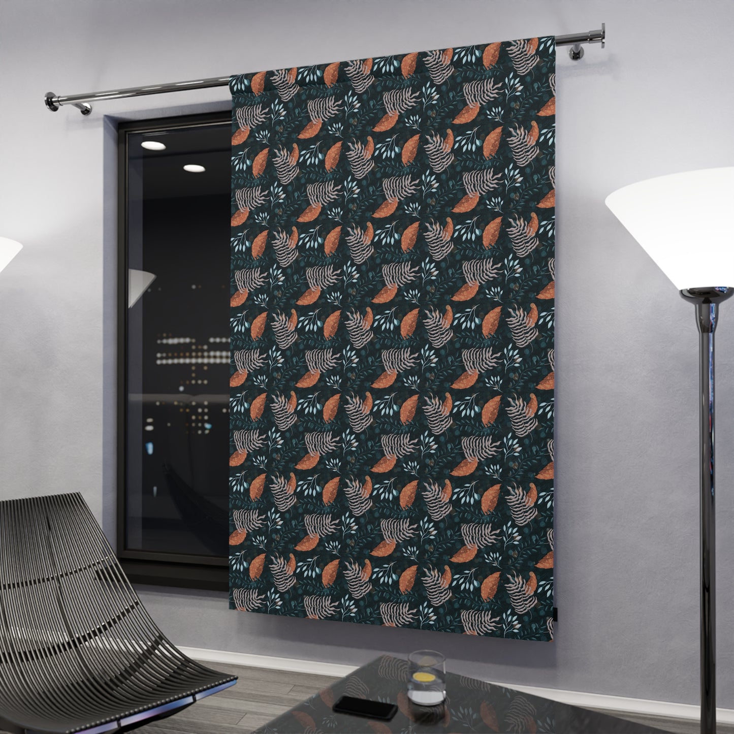 Curtains - Earthy Botanical Pattern in Teal, Orange, and Taupe Colors