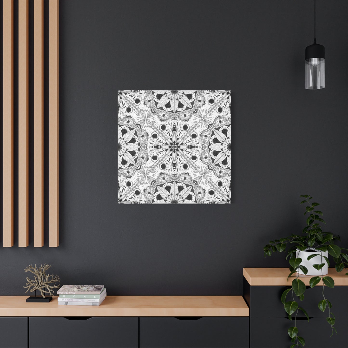 Black and White Floral Pattern Canvas Wall Art - Witchy Moth and Moons
