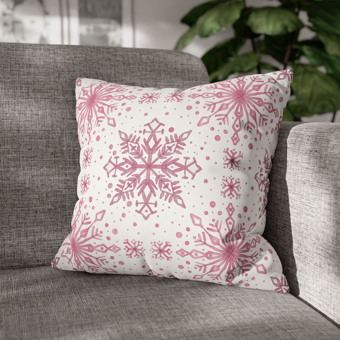 Pillowcase Watercolor Snowflake Design - Pink and White