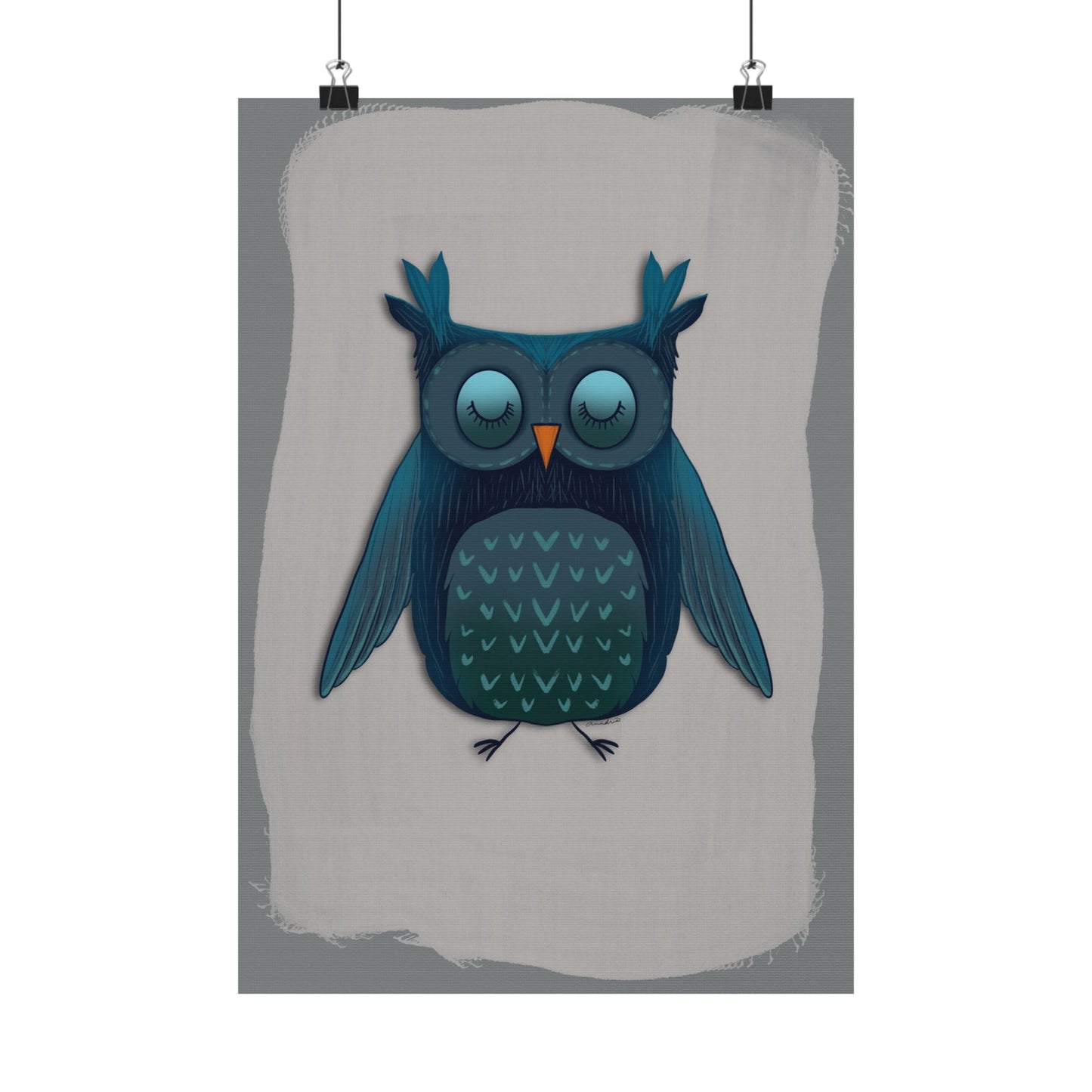Vertical Poster, Blue Owl Art Print, Matte Finish Wall Decor, Anndria Design, Bird Lover Gift, Nature Theme Decoration