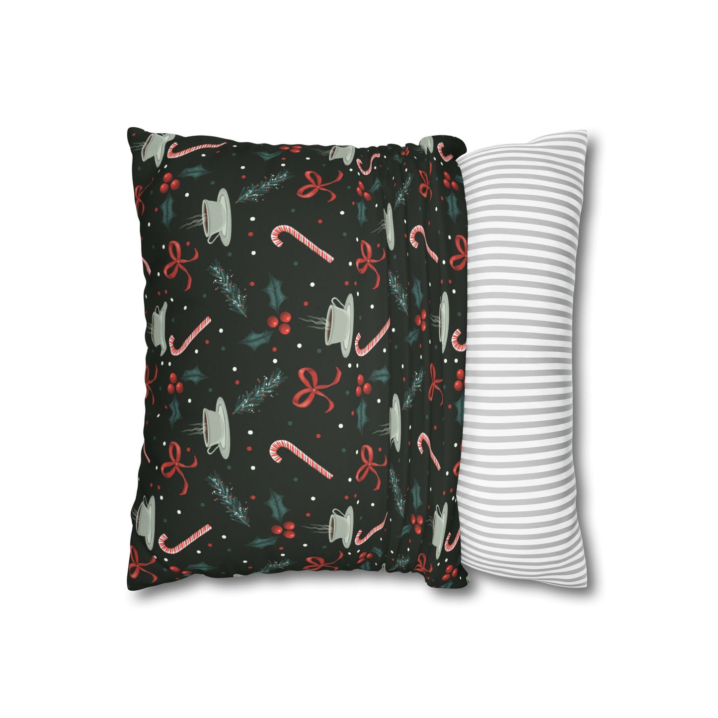 Throw Pillow Christmas Candy Canes Pine Sprigs Coffee Holly Bows Faux Suede - Dark Green