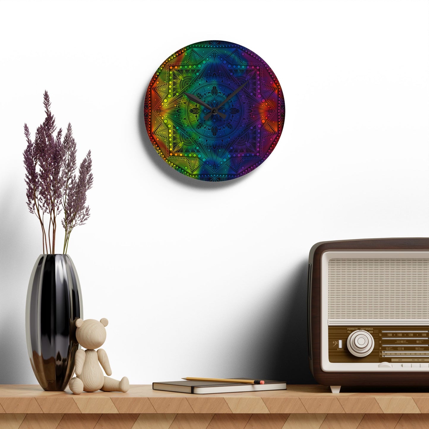 Mandala Wall Clock, Rainbow Holographic Acrylic Clock, Psychedelic Art, Colorful Home Decor, Unique Gift Idea, Anndria Design