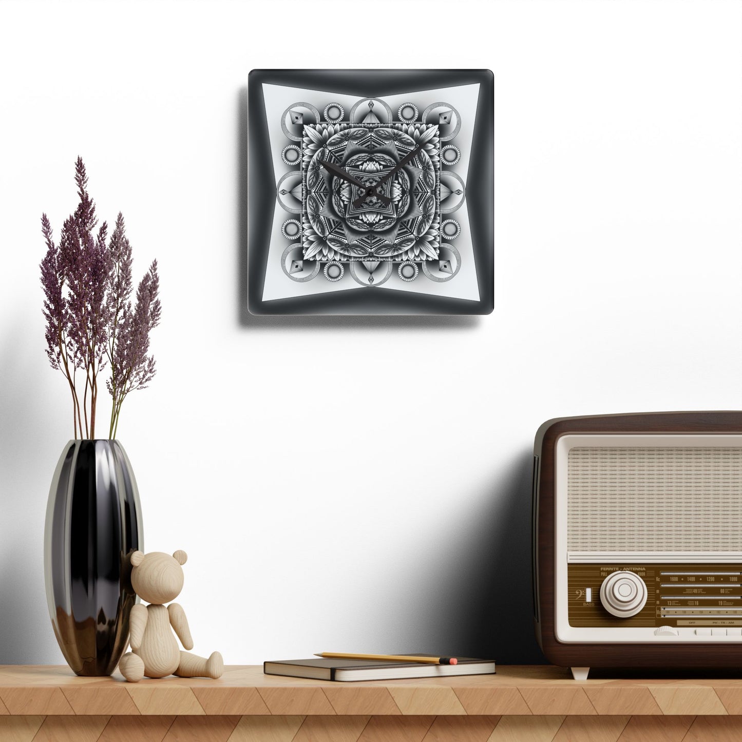 Mandala Wall Clock, Unique Acrylic Clock, Boho Home Decor, Hand Drawn Artwork, Modern Office Clock, Geometric Design Decor