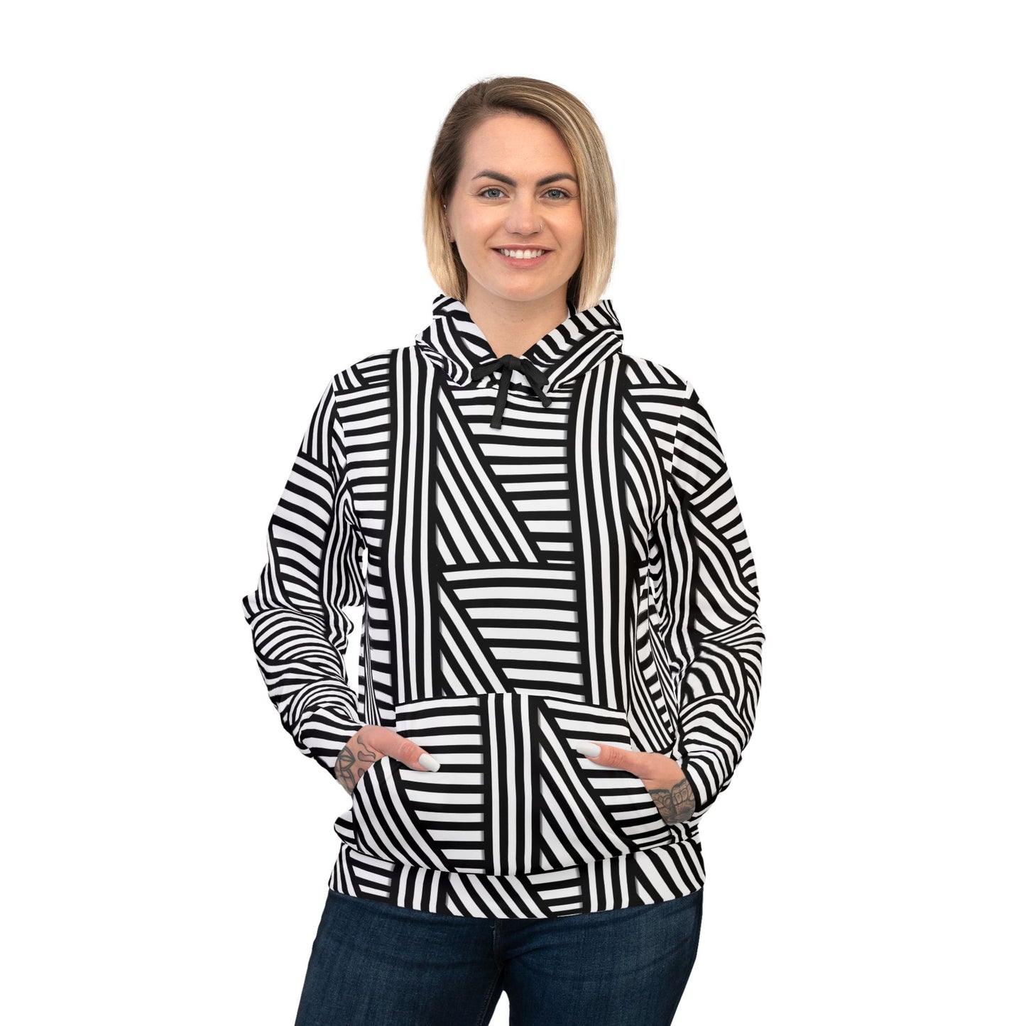 Stylish Striped Athletic Hoodie - Modern Black & White Design for Active Lifestyles