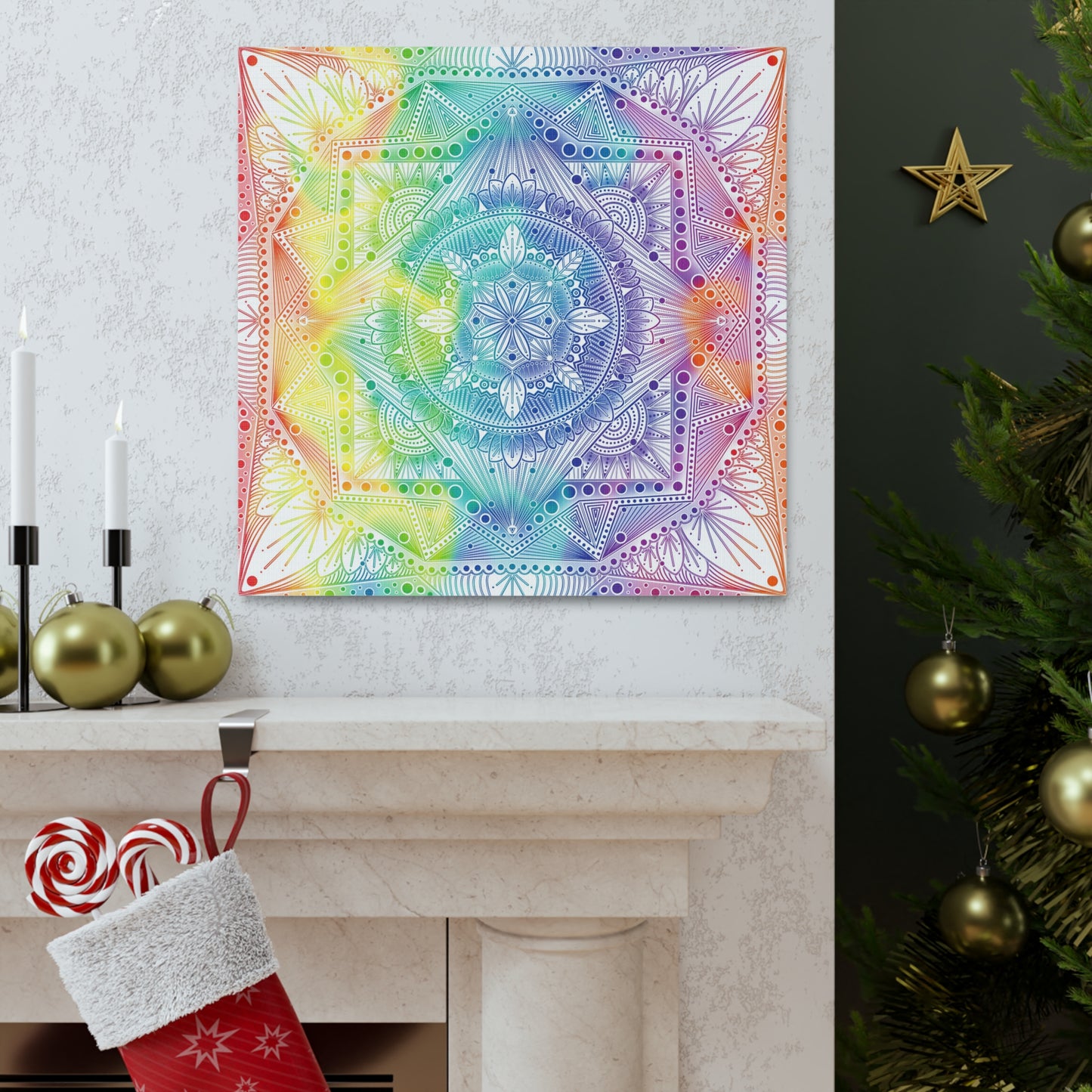 Canvas Wall Art, Rainbow Holographic Psychedelic Mandala by Anndria, Home Decor, Wall Decor, Art Print, Boho Wall Hanging, Hippie Wall