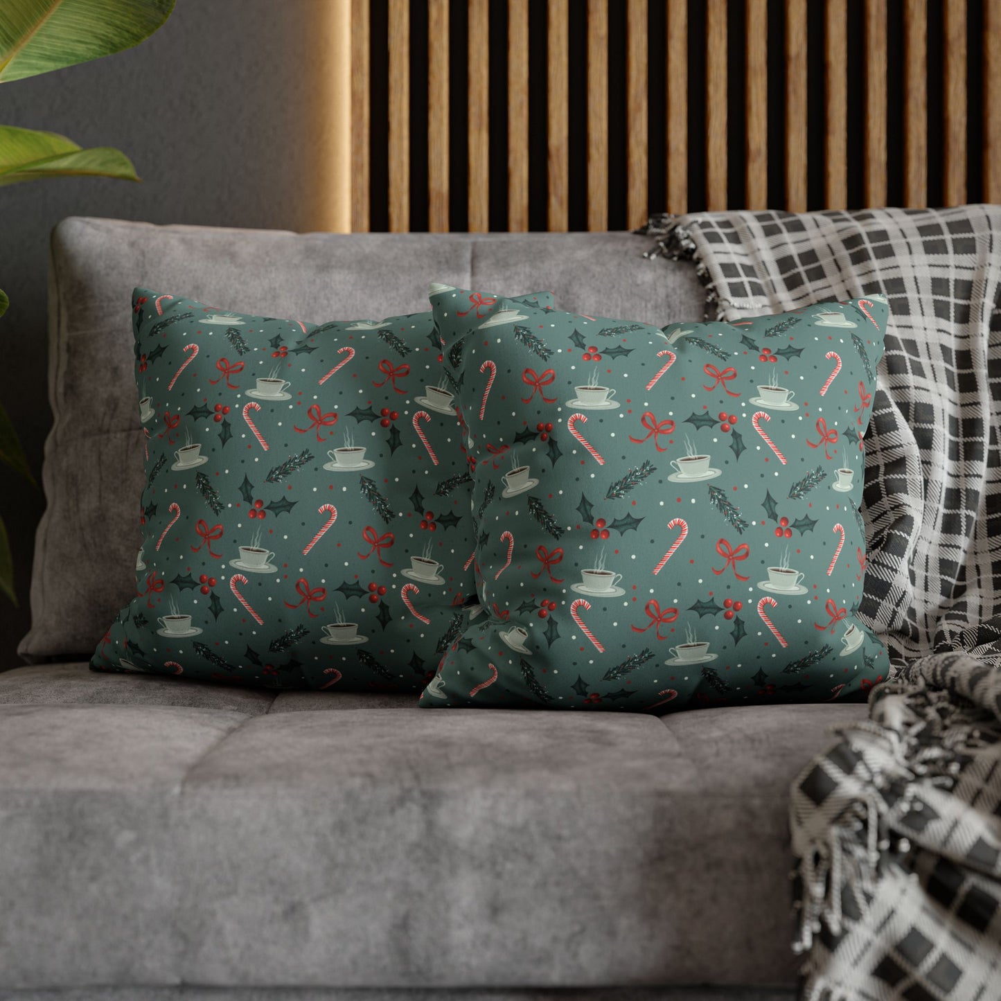 Throw Pillow Christmas Candy Canes Pine Sprigs Coffee Holly Bows Faux Suede - Cool Green