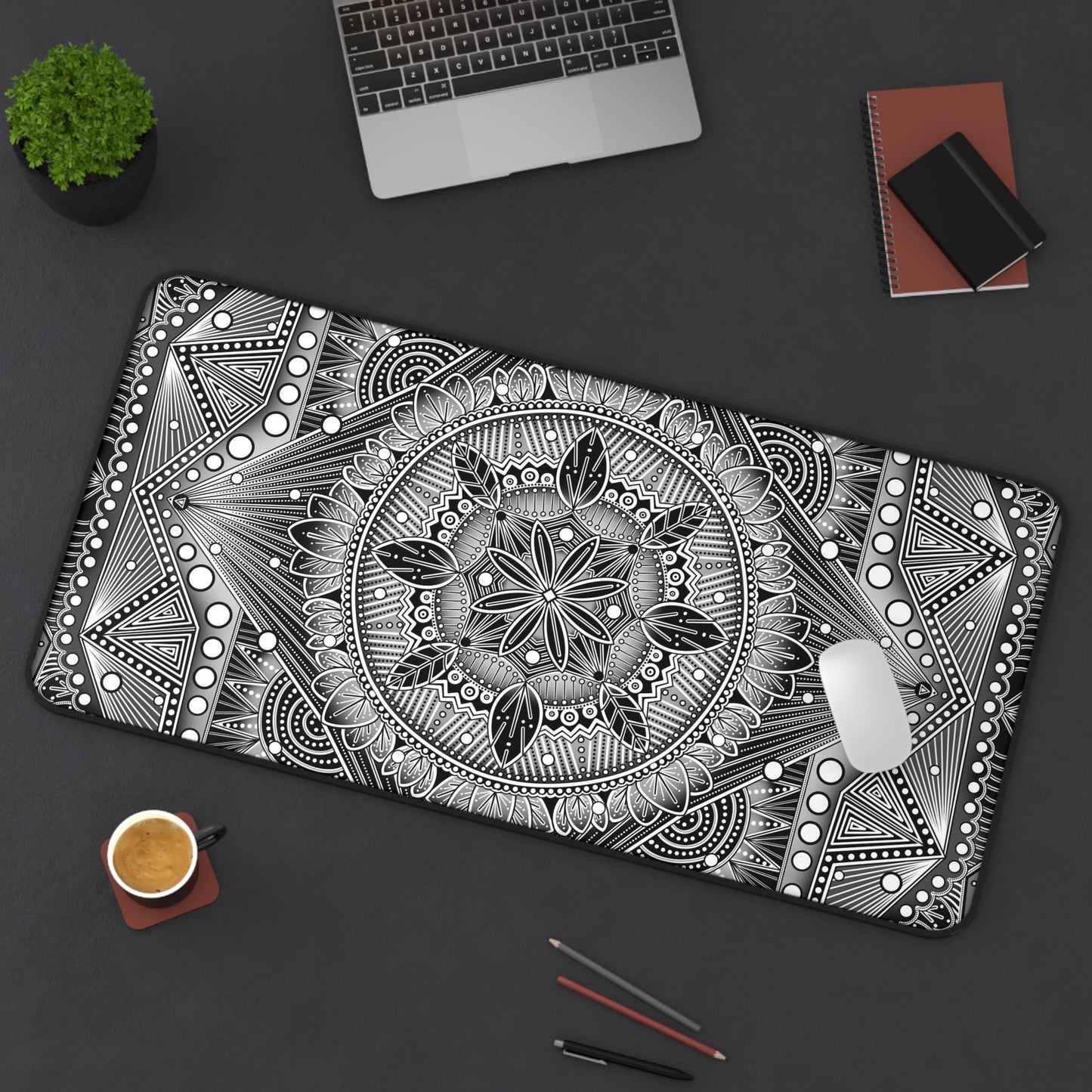 Desk Mat, Monochrome Mandala Design by Anndria, Unique Black and White Custom Work, Table Protector, Desk Pad, Office Decor, Mouse Pad