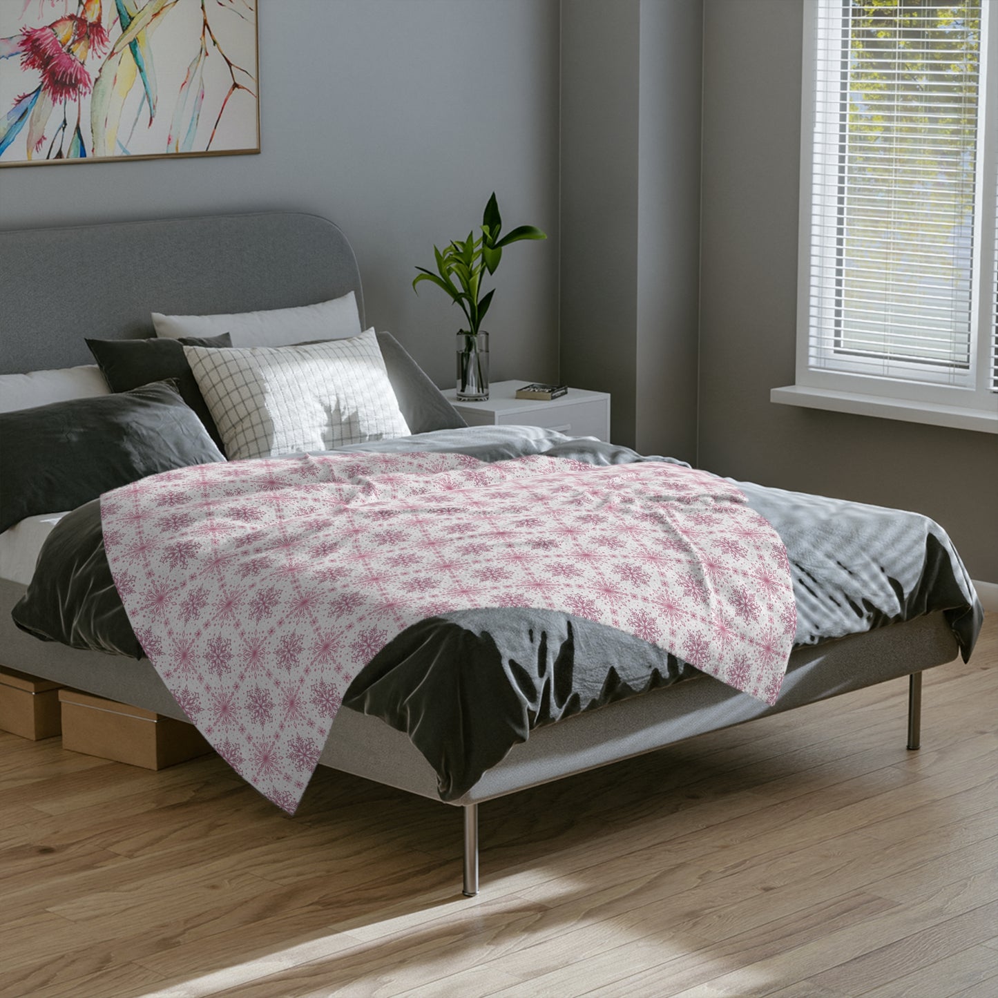 Velveteen Microfiber Blanket - Watercolor Snowflake Design by Anndria - Pink and White