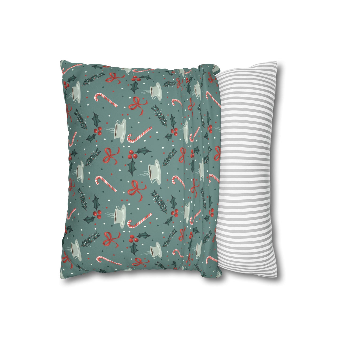 Throw Pillow Christmas Candy Canes Pine Sprigs Coffee Holly Bows Faux Suede - Cool Green
