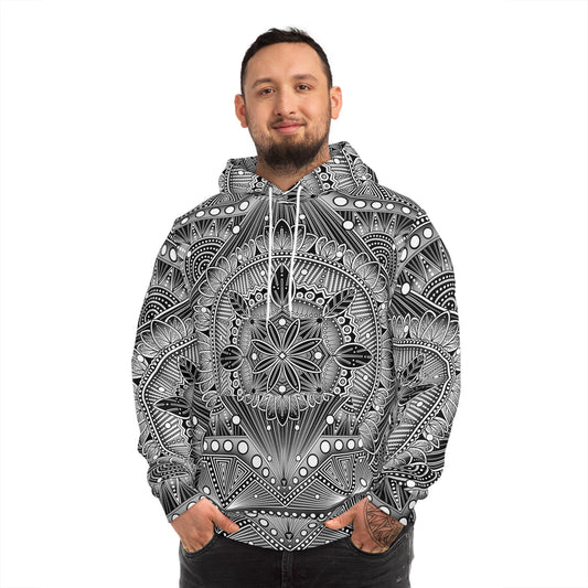 Mandala Fashion Hoodie, Hand-Drawn Black and White Artwork, Anndria Design, Boho Chic Sweatshirt, Unique Hooded Top, Trendy Pullover, Cozy