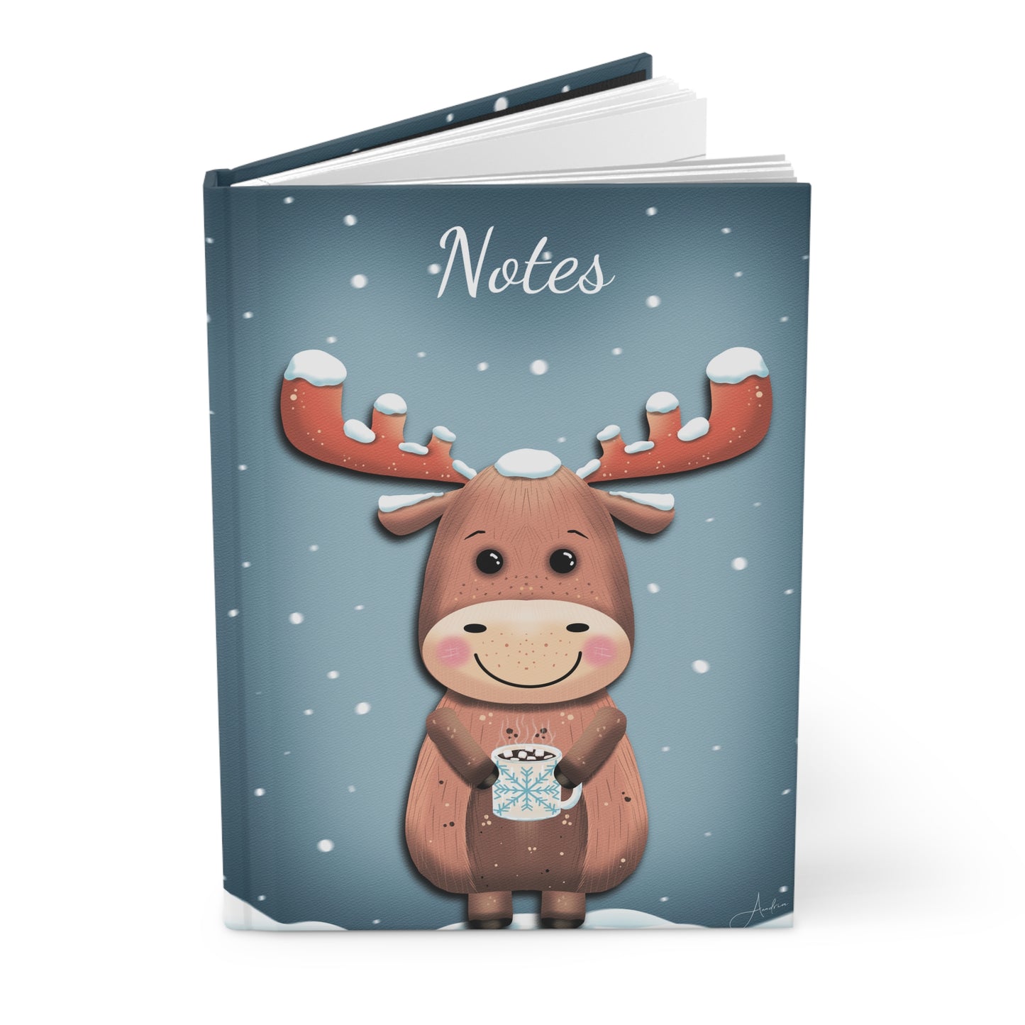 Hardcover Journal Matte with Anndria's Frosty Sips Cute Moose Drawing, Notebook, Sketchbook, Diary, Gift for Writers, Winter Holidays