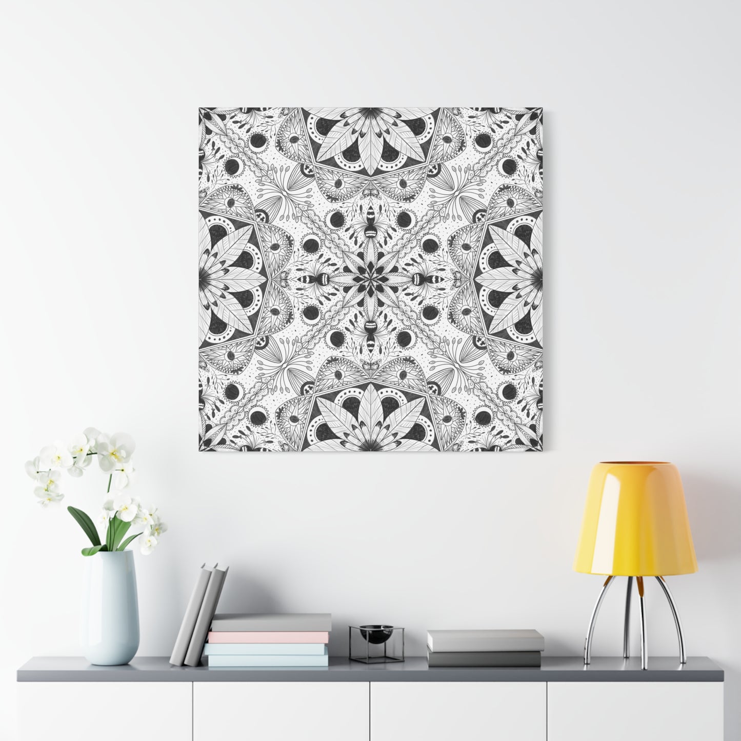 Black and White Floral Pattern Canvas Wall Art - Witchy Moth and Moons