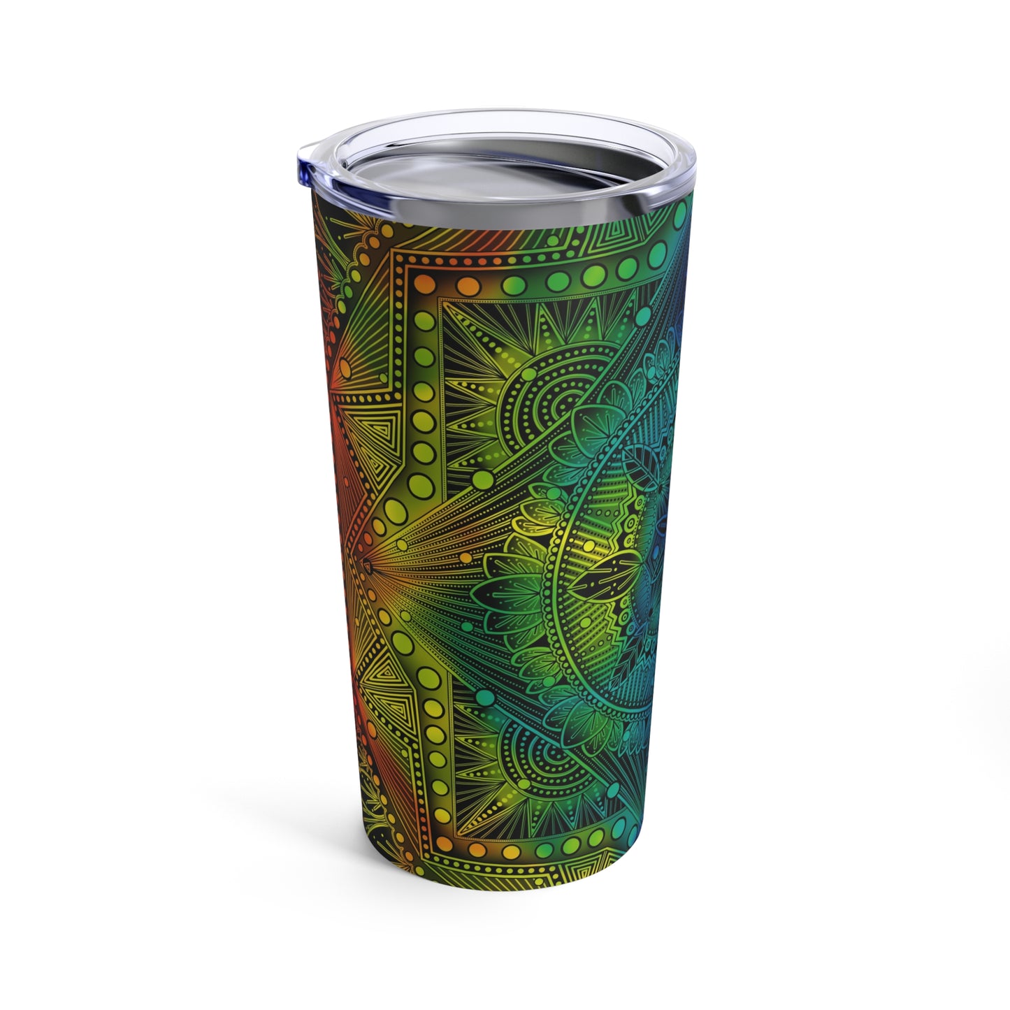 Holographic Mandala Tumbler, Rainbow Custom Cup, 20oz Stainless Steel Mug, Anndria Art, Unique Drinkware Gift, Festival Accessory