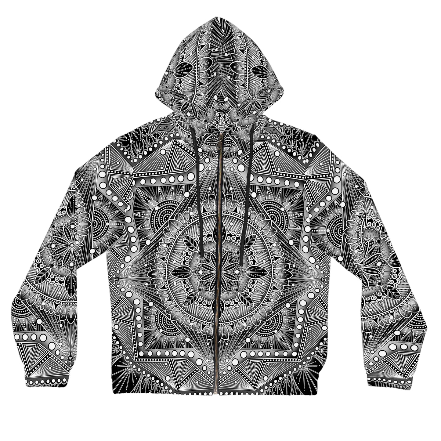Monochrome Mandala Women's Full-Zip Hoodie, Anndria Artwork, Black and White Hooded Sweatshirt, Zip-Up Jacket, Spiritual Chic Apparel,