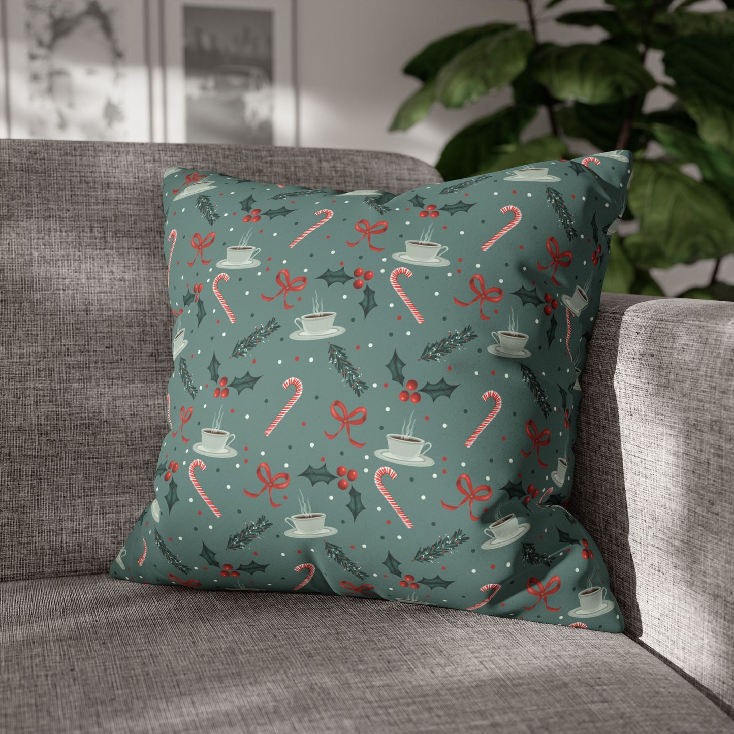 Throw Pillow Christmas Candy Canes Pine Sprigs Coffee Holly Bows Faux Suede - Cool Green