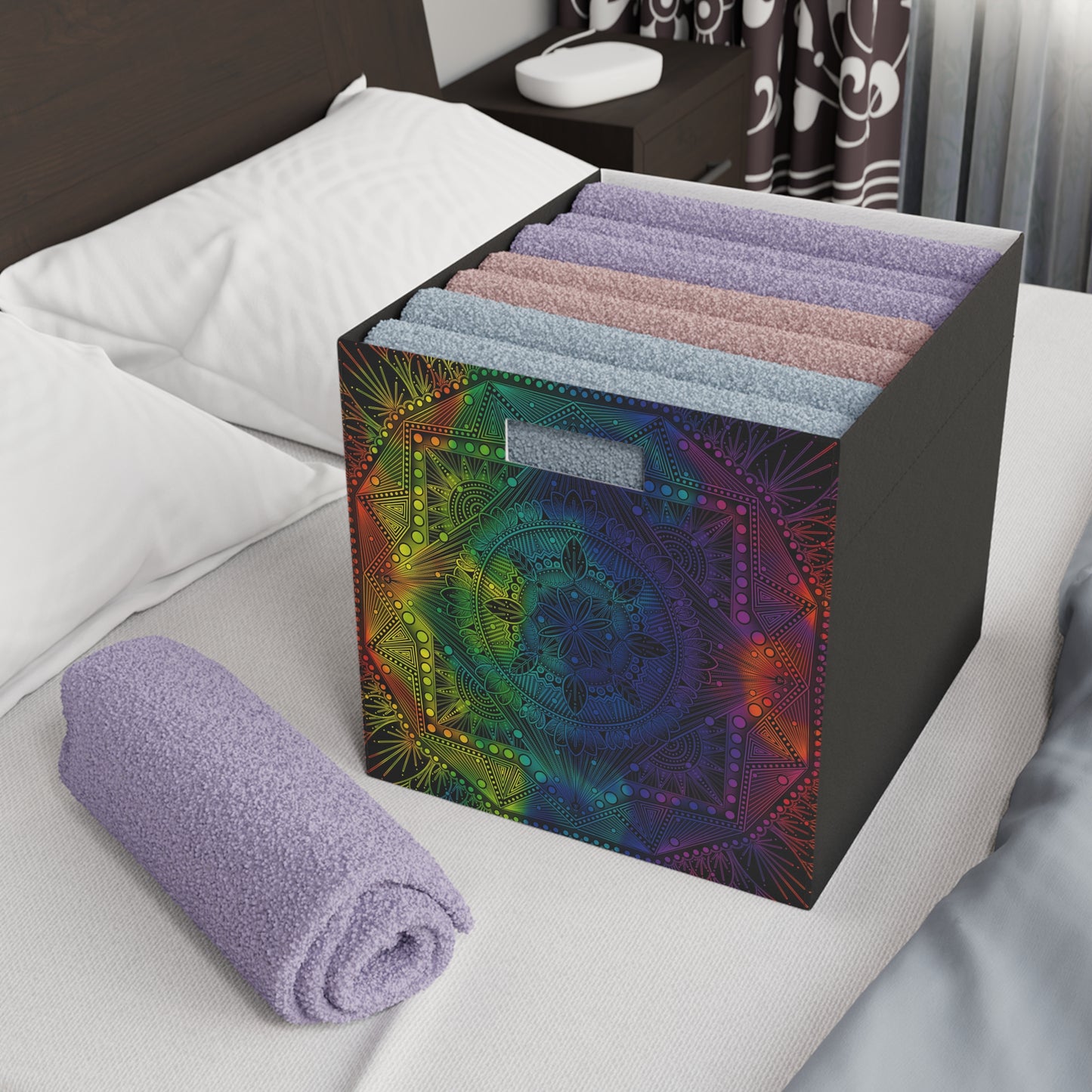 Felt Storage Box, Rainbow Mandala Design, Custom Organizer, Holographic Container, Unique Hand Drawn Storage Bin, Anndria Artwork